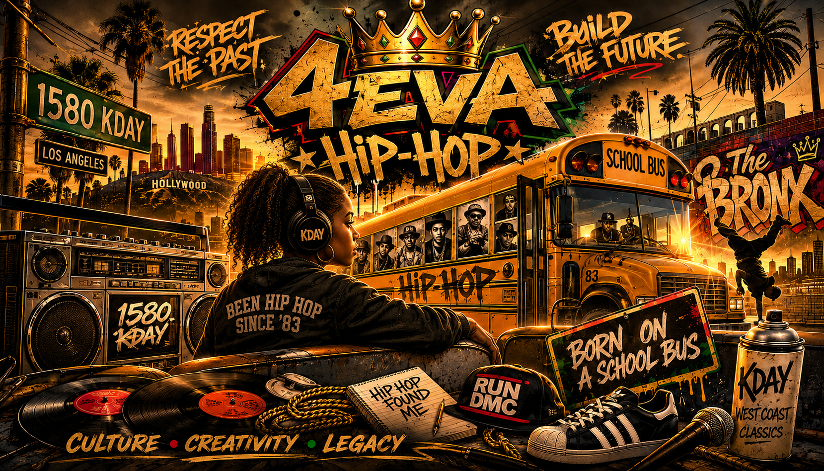 4EVA HIP-HOP brand artwork: 1580 KDAY Los Angeles, school bus, boom box, vinyl records and graffiti celebrating hip-hop culture, creativity and legacy