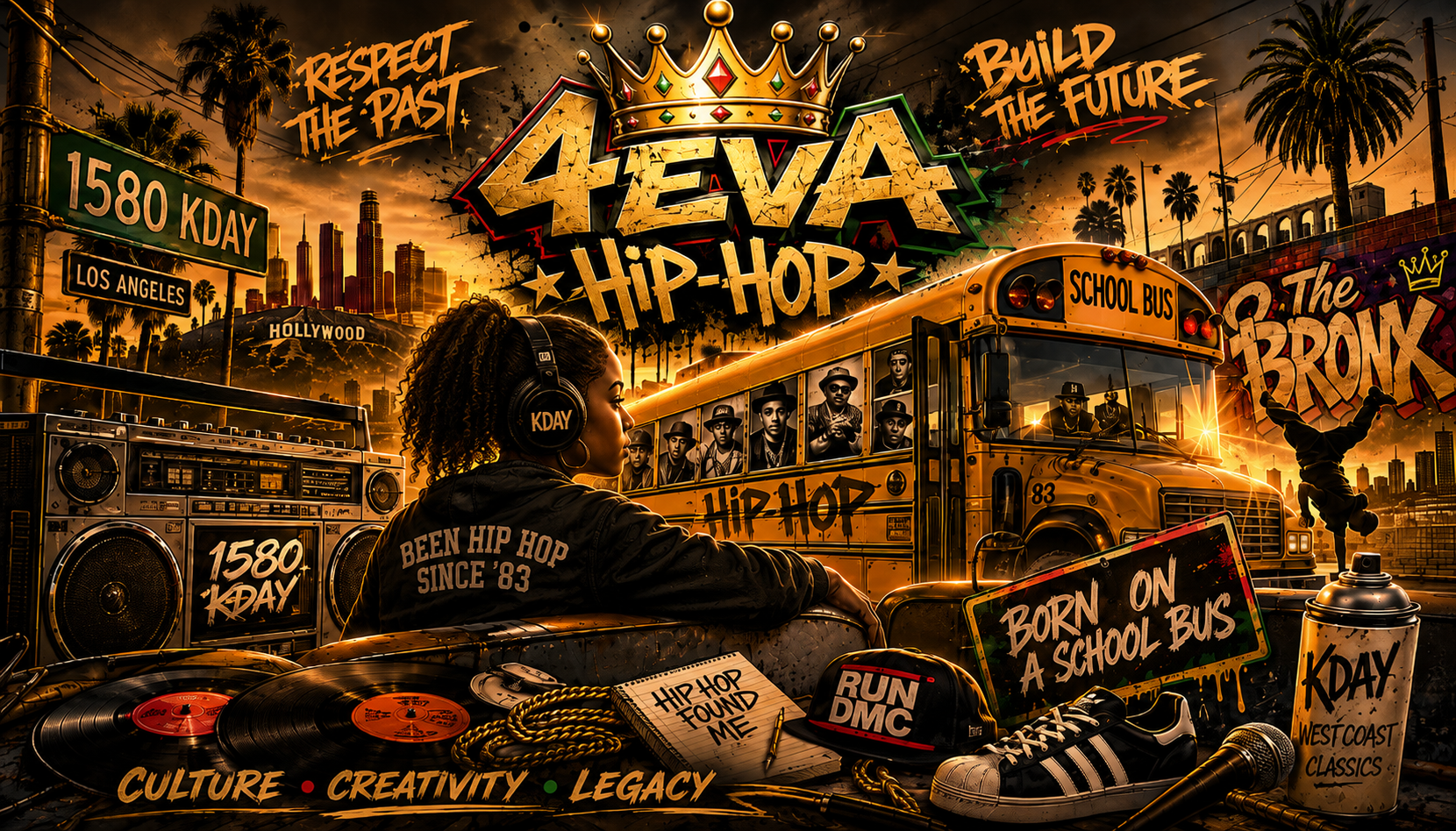 4EVA Hip-Hop hero artwork: a young woman wearing KDAY headphones looks toward a yellow school bus painted HIP-HOP, with the Los Angeles skyline, KDAY 1580 signage, and a Bronx graffiti mural behind her, crowned by the 4EVA HIP-HOP logo reading Respect the Past, Build the Future.
